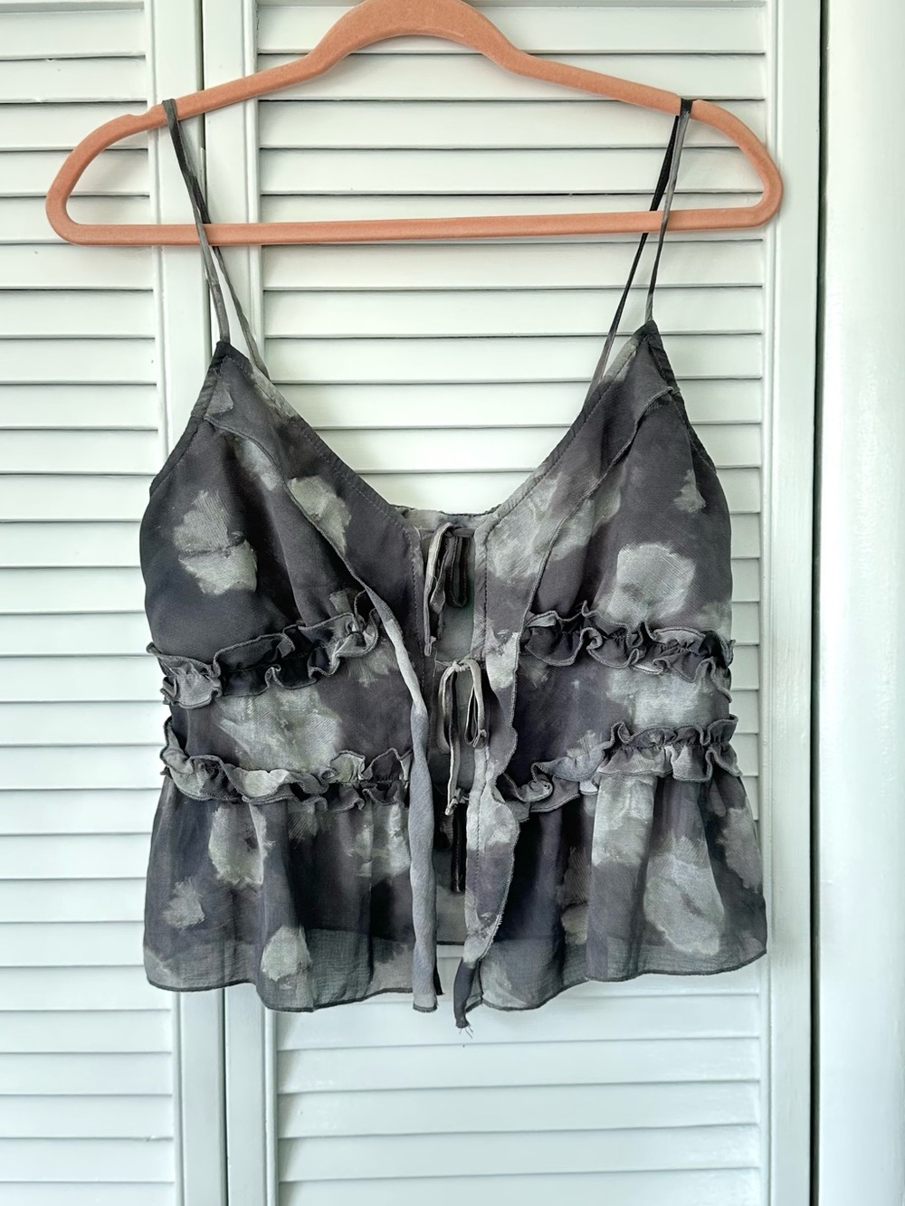 Sybilla Grey Floral Chiffon Ruffle Tie Front Crop Top Size Medium Y2K